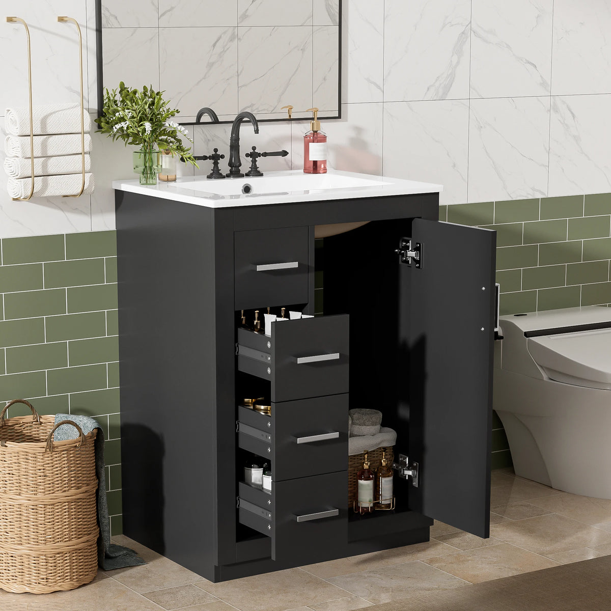 Modern Bathroom Vanity Cabinet With Integrated Ceramic Sink And Storage