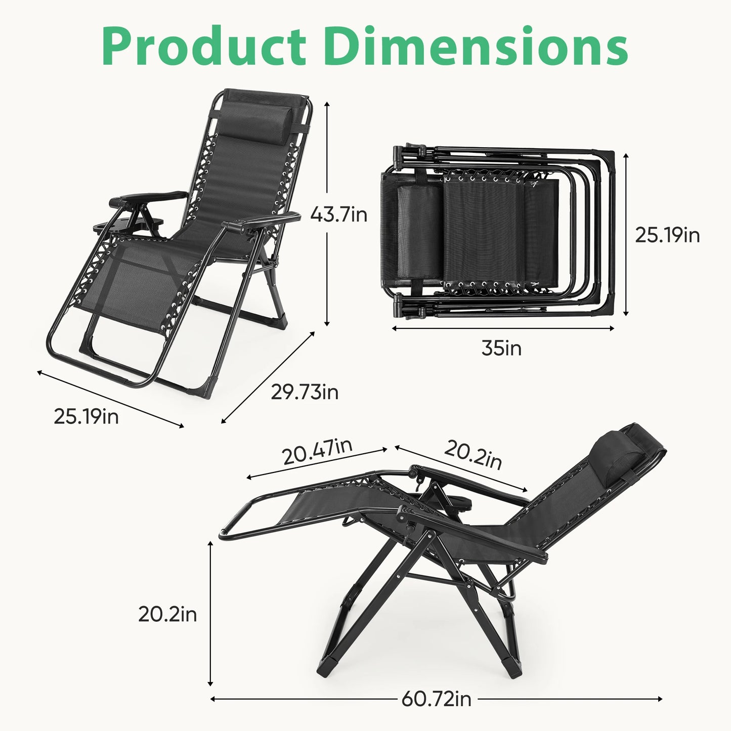 JHK Zero Gravity Recliner Outdoor Lounge Chair with Cup Holders