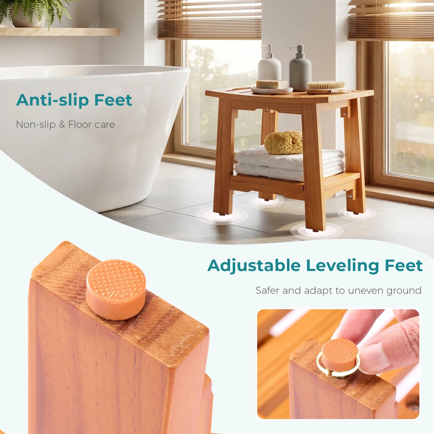 MCQ Solid Wood Shower Bench With Integrated Storage Shelf