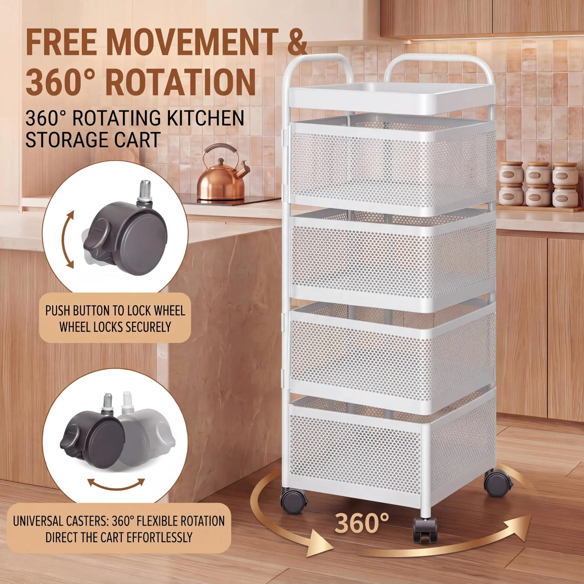 Studyset Rotating Kitchen Storage Cart With Wheels And Mesh Baskets