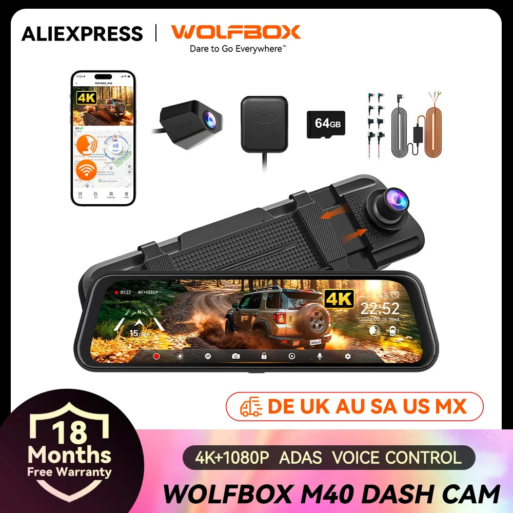 WOLFBOX M40 Dash Cam 4K+1080P With Voice Control And GPS