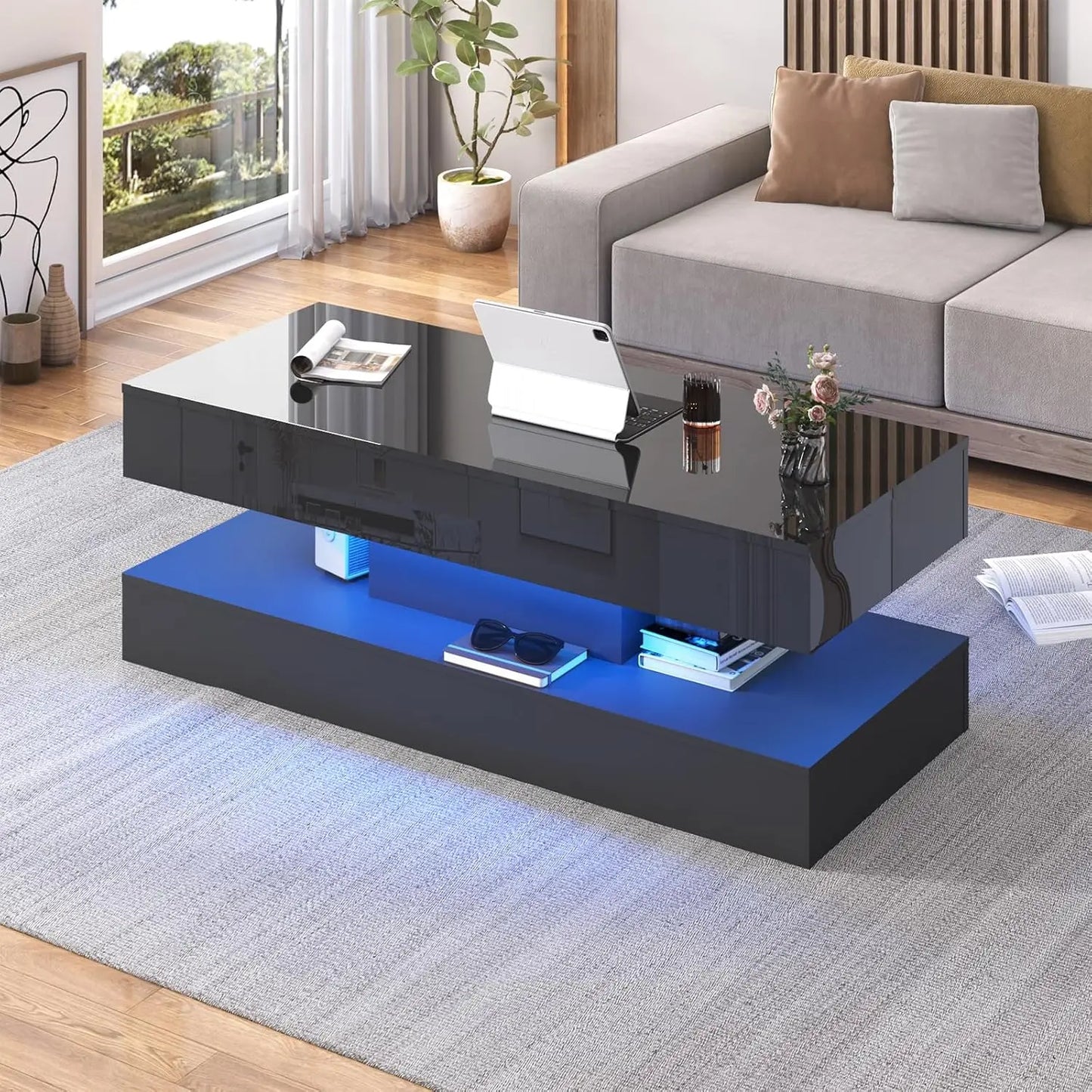 QiaoShiRen Modern LED Coffee Table With Two Drawers And Storage