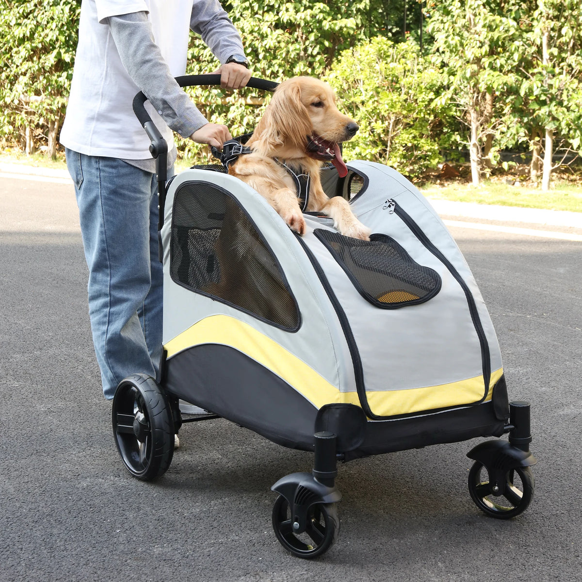 Portable Foldable Four Wheel Dog Stroller With Breathable Travel Carrier