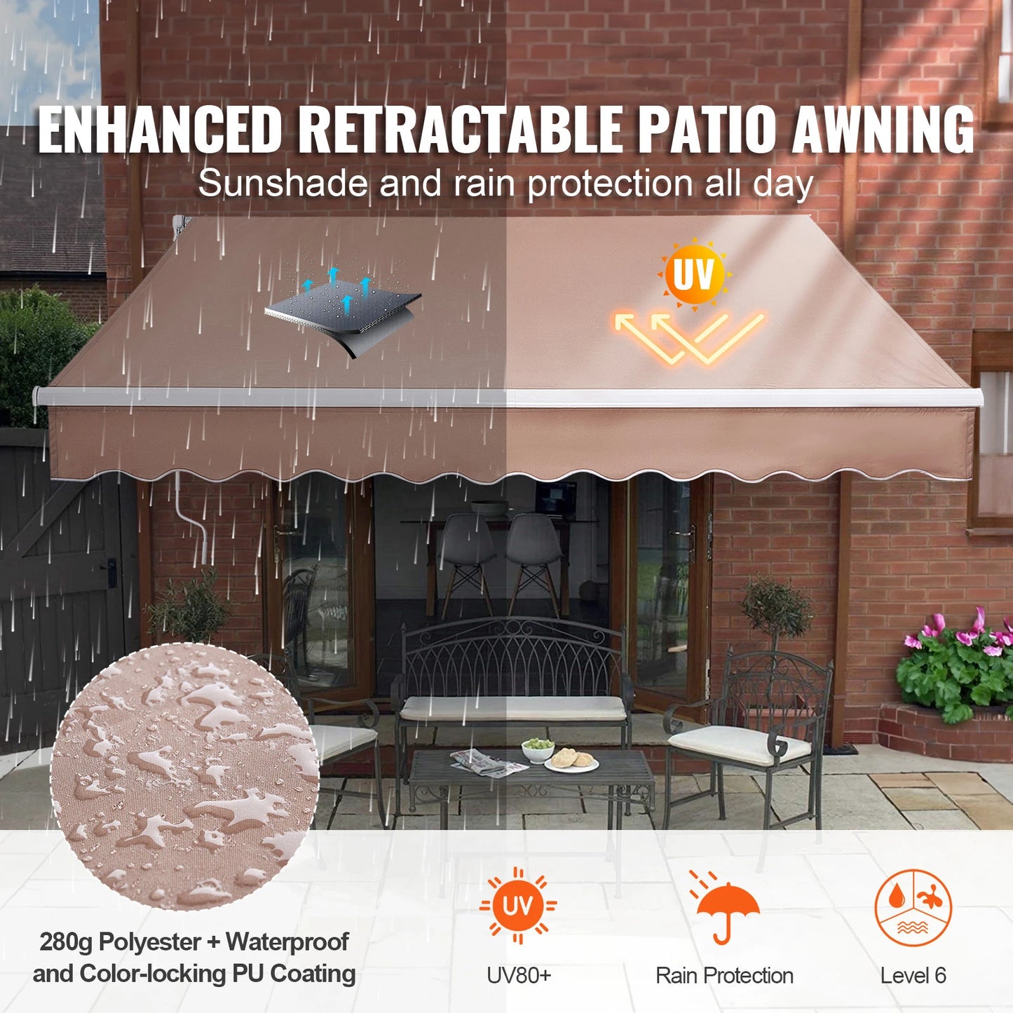 SucceBuy Manual Retractable Awning Outdoor Sun Shade Polyester Patio