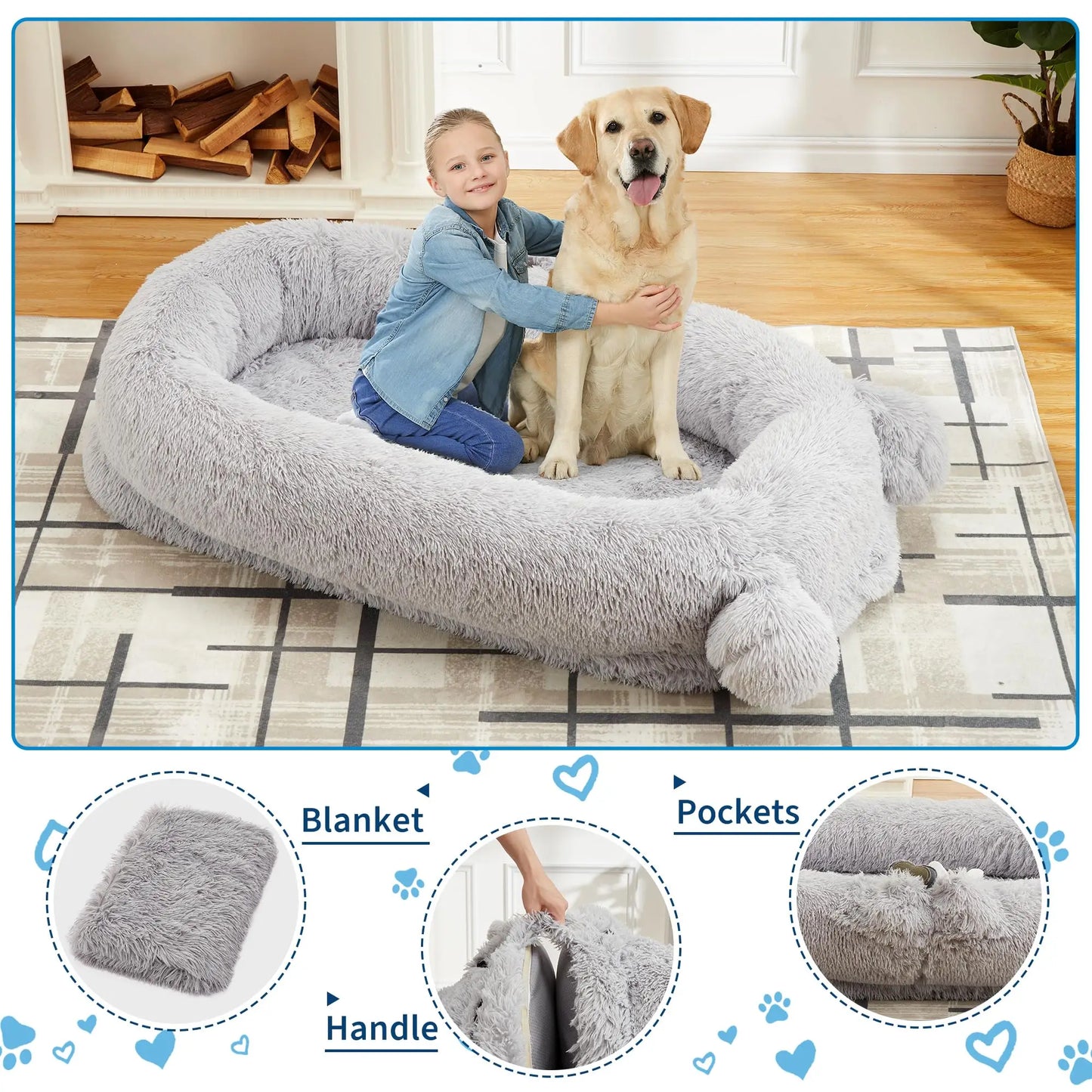 HiMISS Human Dog Bed With Pockets And Removable Cover