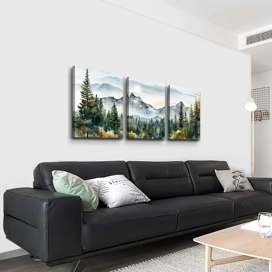 Three Piece Framed Canvas Wall Art Set Mountain Forest Abstract