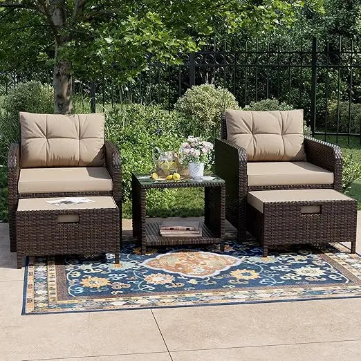 Outdoor 5 Piece Balcony Patio Conversation Set With Wicker Rattan