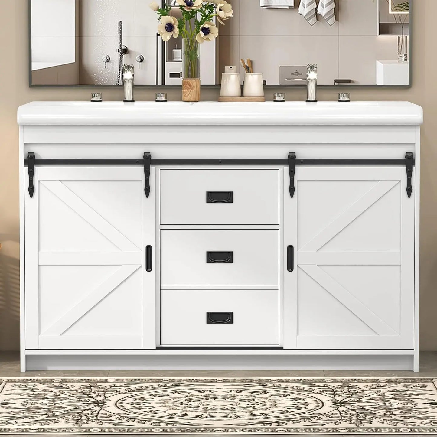 Double Sink Freestanding Bathroom Vanity With Barn Sliding Doors