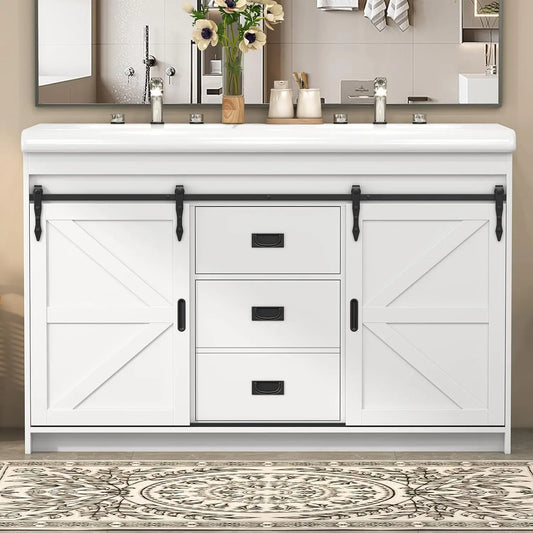 Double Sink Freestanding Bathroom Vanity With Barn Sliding Doors