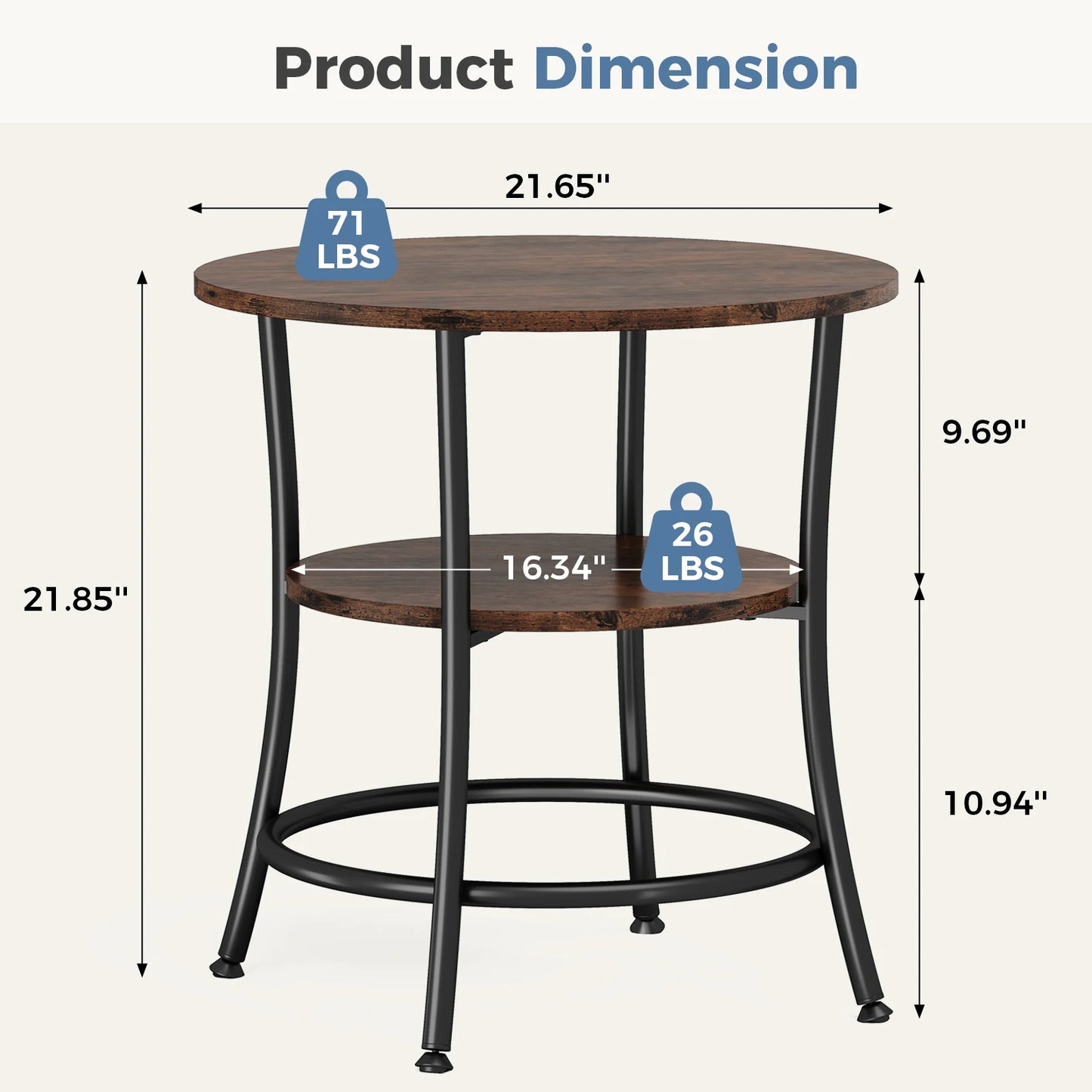 JHK Round Coffee Table With Storage Shelf, 2-Tier Design