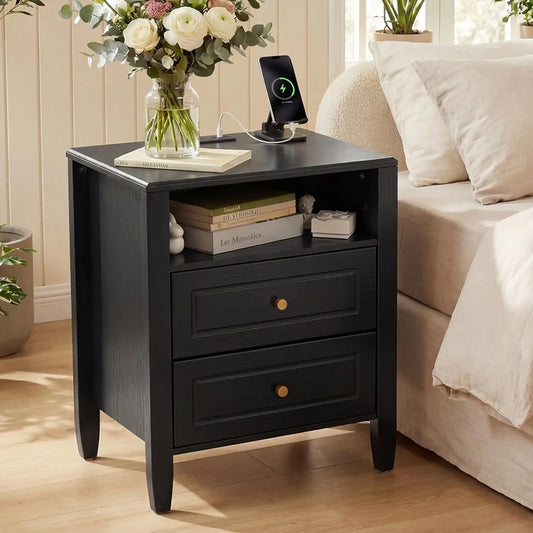 Modern Wood Nightstand With Charging Station And Storage Shelves
