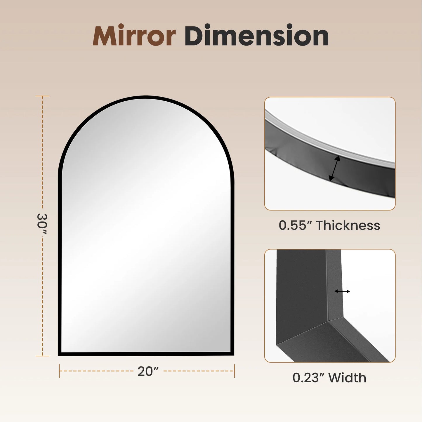 JHK Arched Glass Mirror For Wall Modern Framed Bathroom Decor