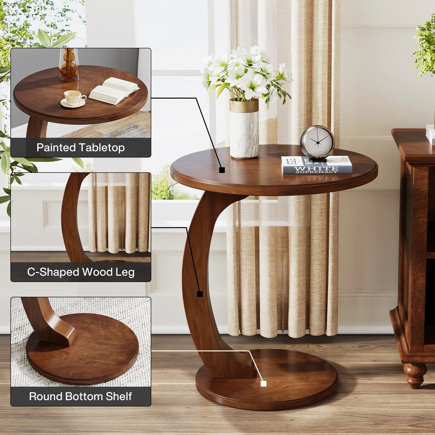 Tribesigns Round Wood C Shaped End Table For Living Room