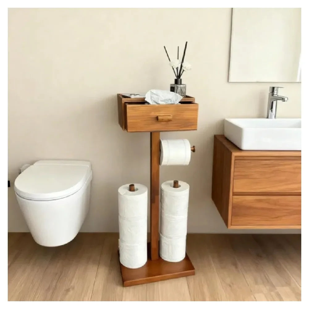 Wooden Toilet Paper Holder Stand With Shelf And Wipes Drawer