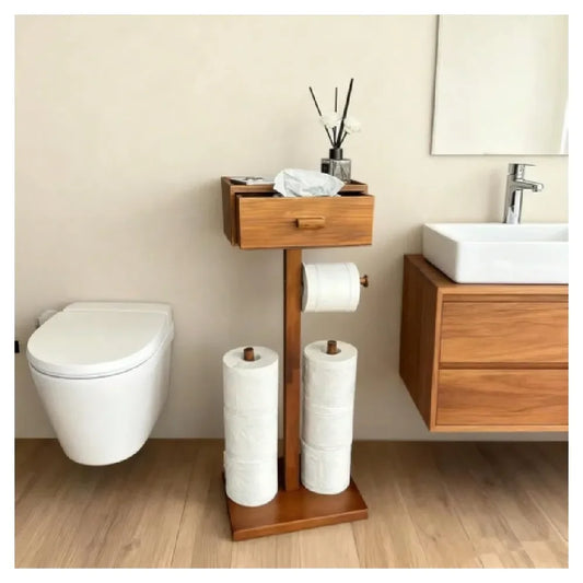 Wooden Toilet Paper Holder Stand With Shelf And Wipes Drawer