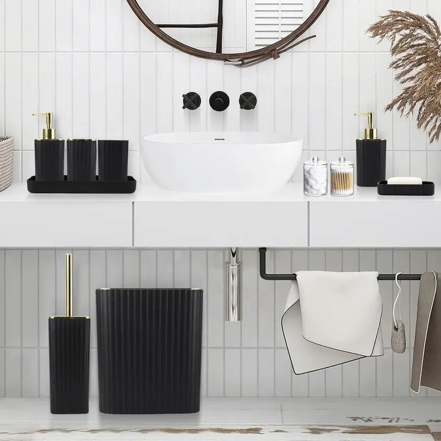 Bathroom Accessory Set With Toilet Brush Trash Can Qtip Holder Soap Dispenser