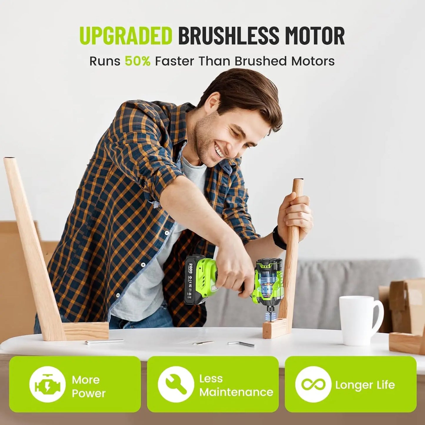 Cordless 21V Impact Driver Brushless 2.0Ah Battery