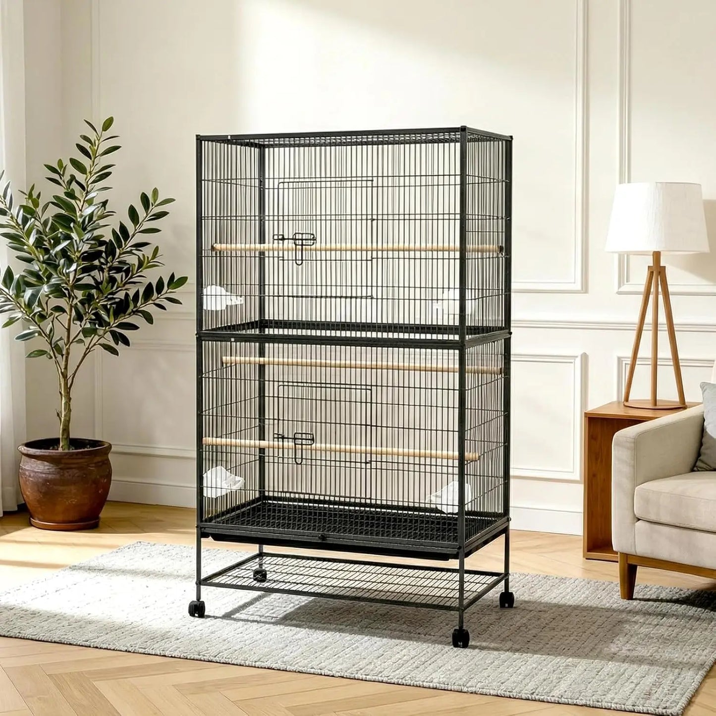 HiMISS Spacious Bird Cage With Rolling Stands And Feed Bowls