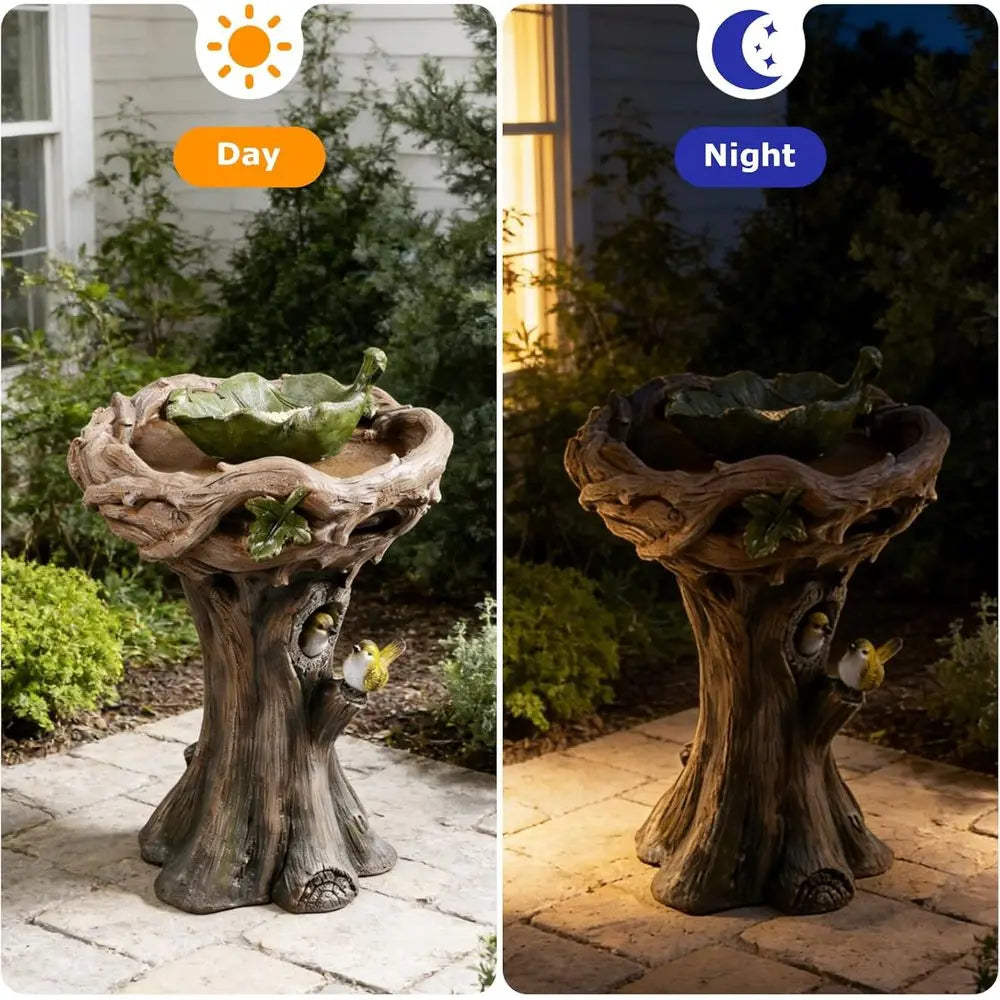 Tree Trunk Bird Bath Outdoor Resin With Removable Feeding Bowl