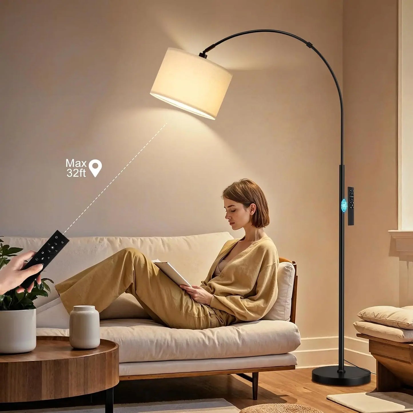 Dimmable Arc Floor Lamp With Remote And Rotating Head