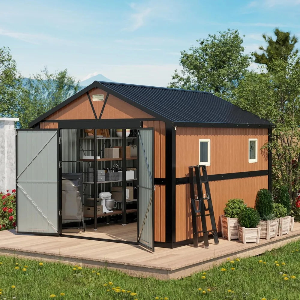 Outdoor Metal Storage Shed With Lockable Doors And Windows