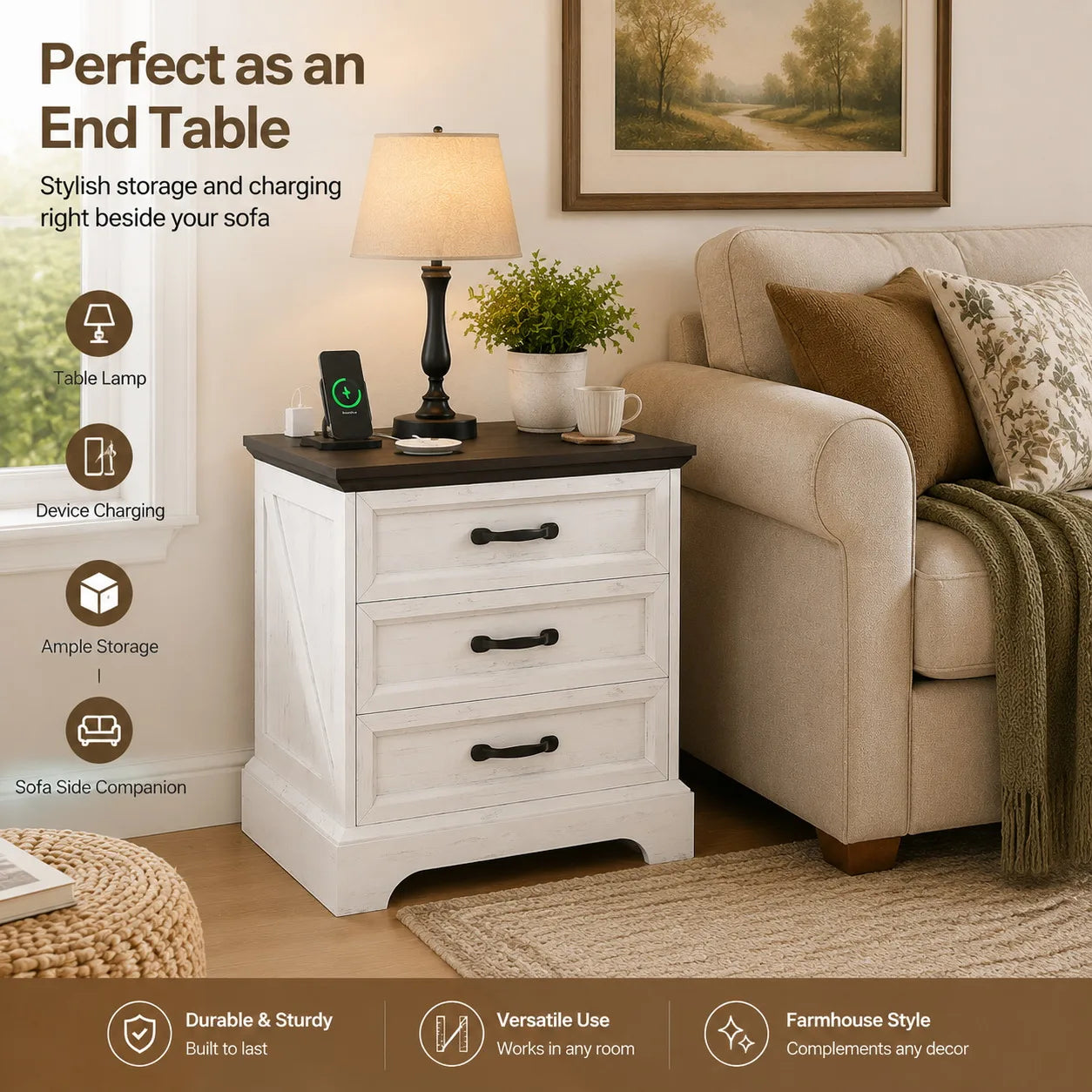 Modern Farmhouse Nightstand With Three Drawers And USB Charging