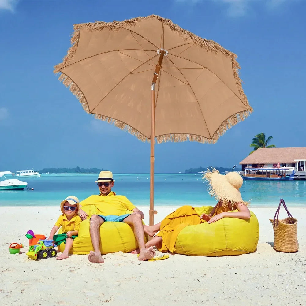 Thatched Tiki Umbrella With Foldable Stand Hawaiian Style Beach