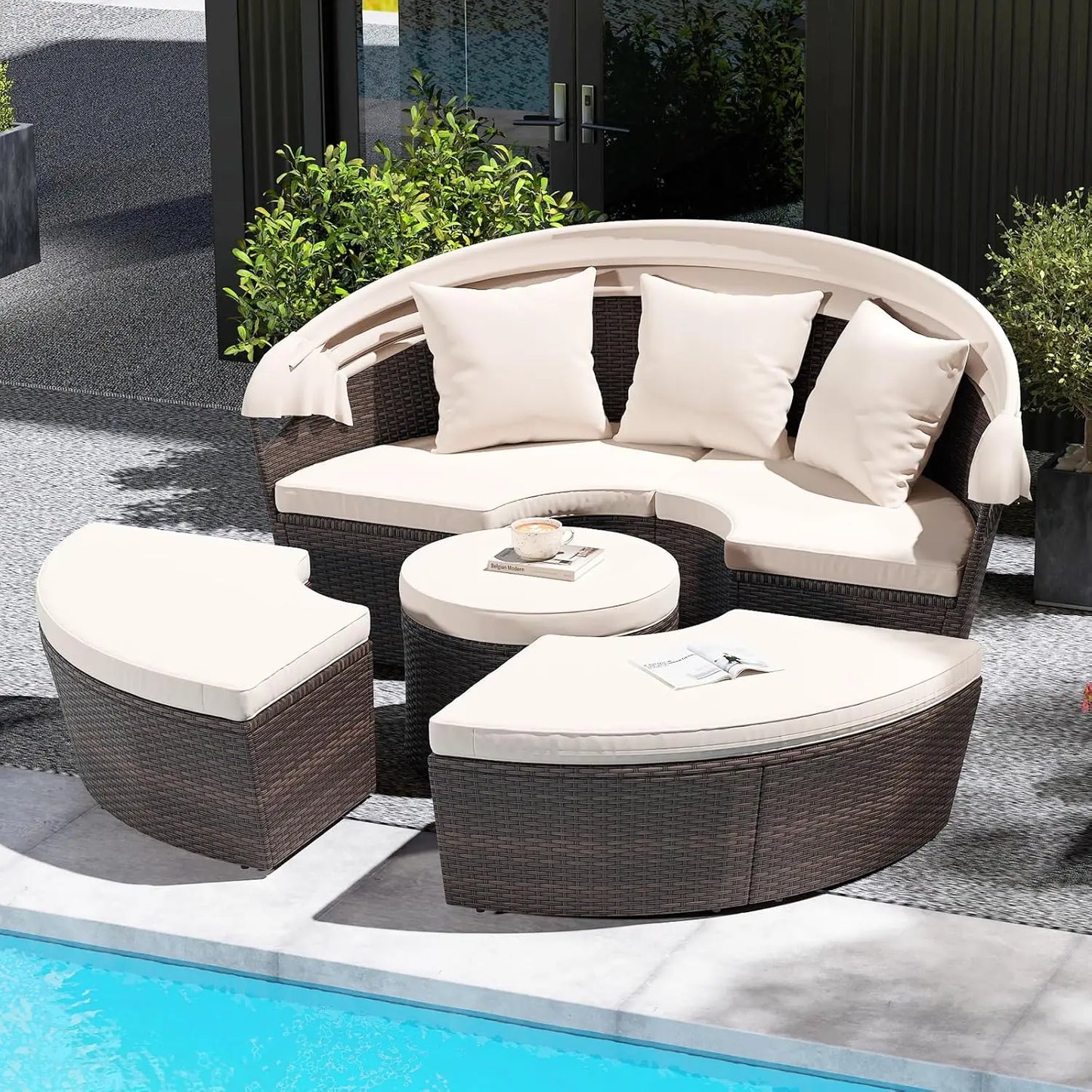 Patio Round Daybed With Retractable Canopy And Center Table