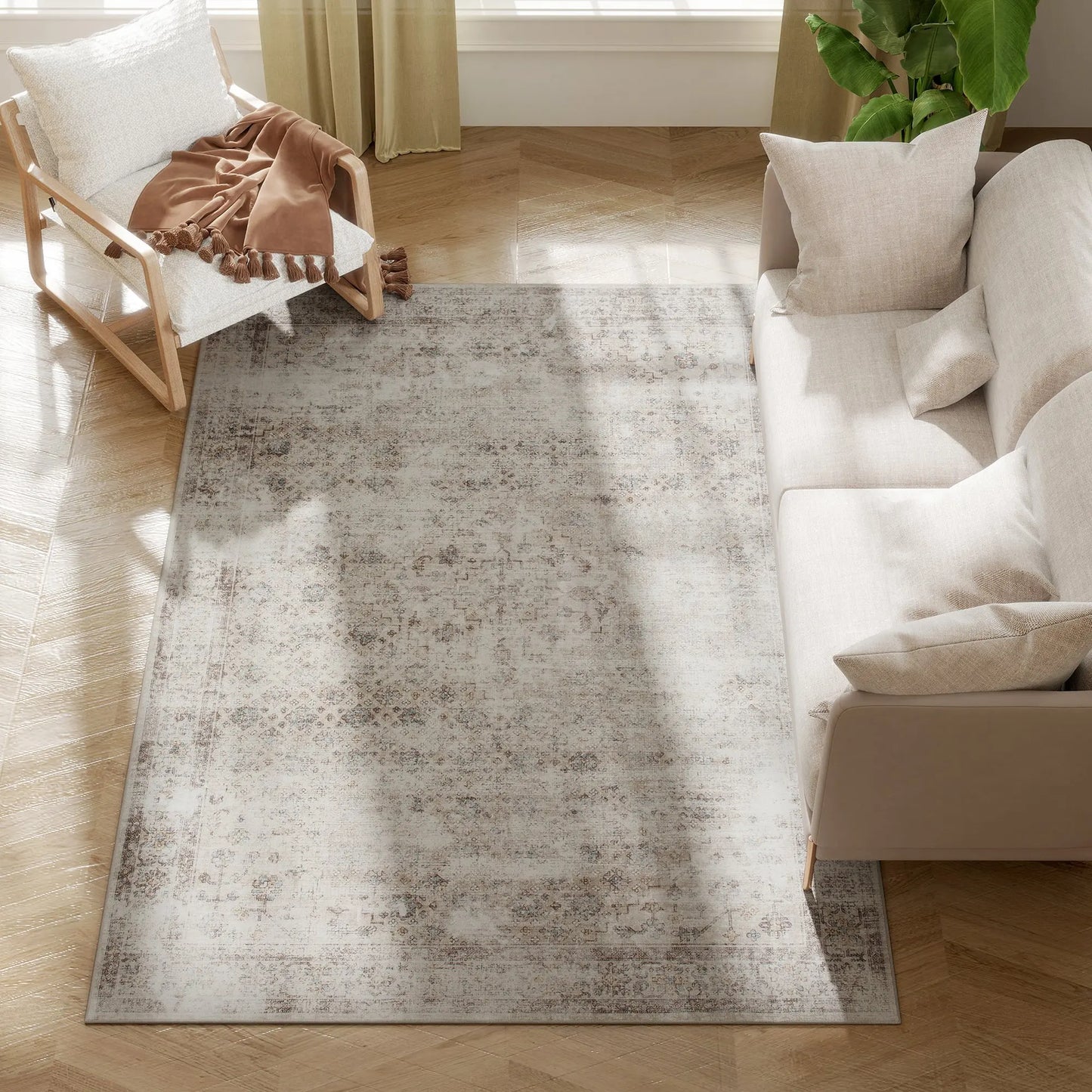 Machine Washable Geometric Area Rug With Non Slip Rubber Backing