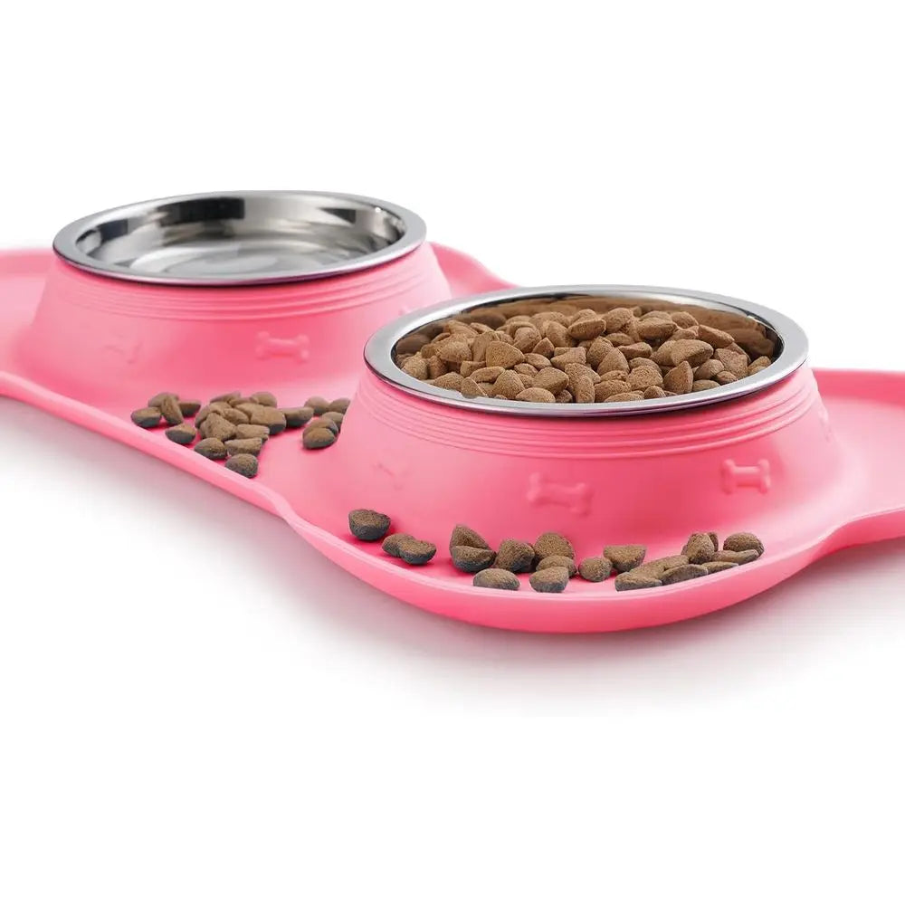 Stainless Steel Dog Bowls Set With No Spill Silicone Mat