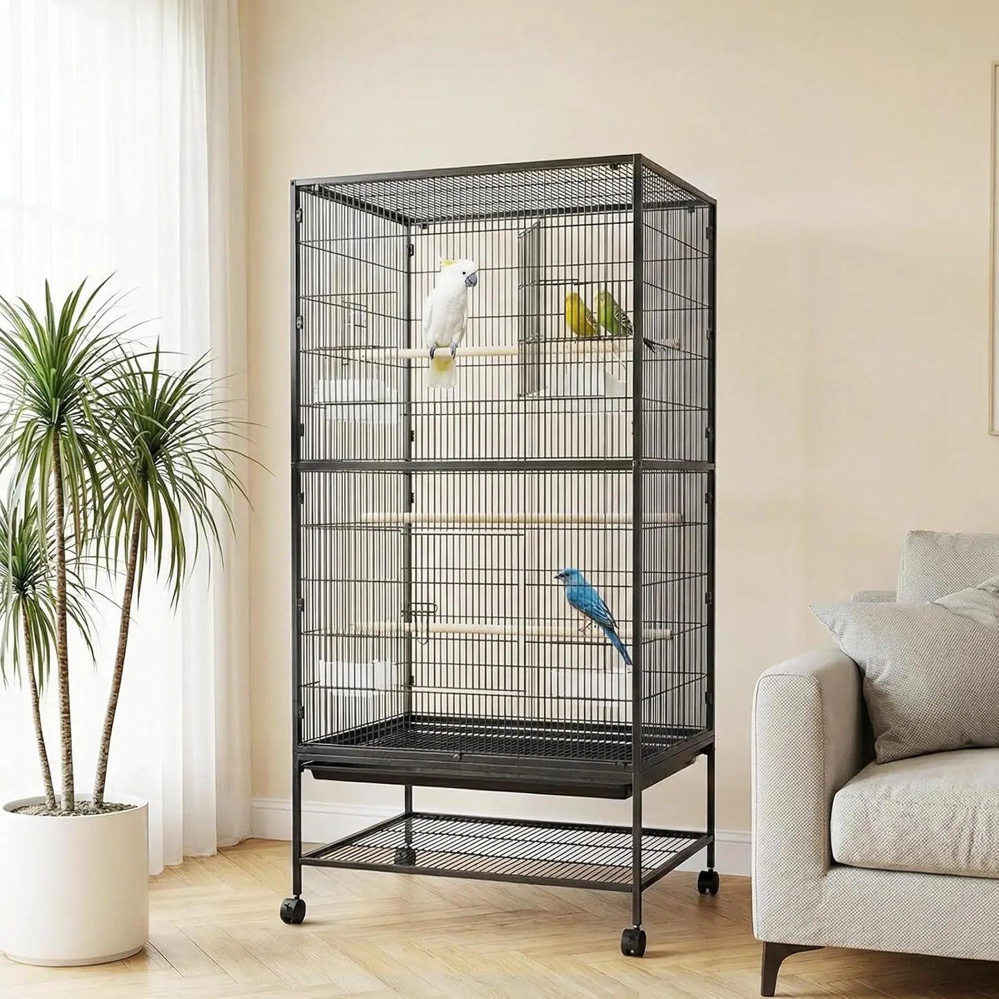 HiMISS Spacious Bird Cage With Rolling Stands And Feed Bowls