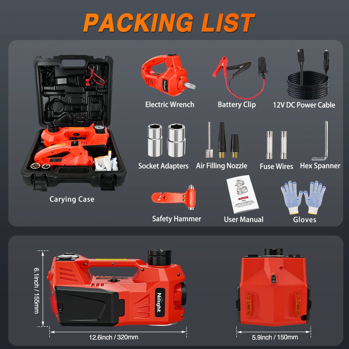 Nilight Heavy Duty Electric Car Jack Kit With Inflator Pump