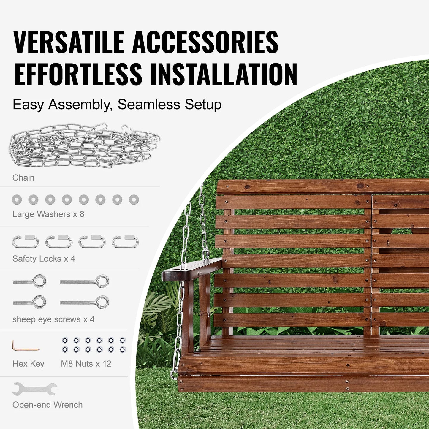 SucceBuy Cedar Wood Porch Swing With Steel Chains