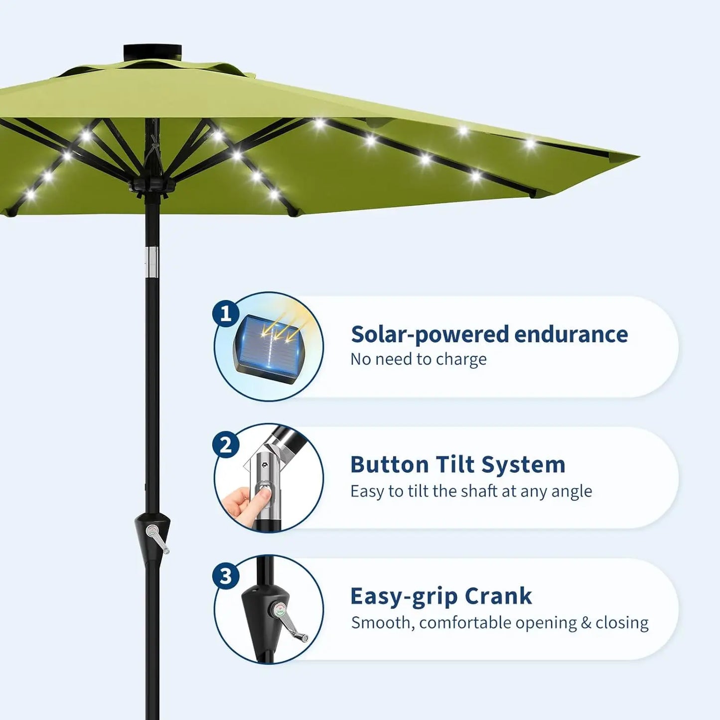 HiMISS Solar Patio Umbrella With 32 LED Lights And Crank Lift