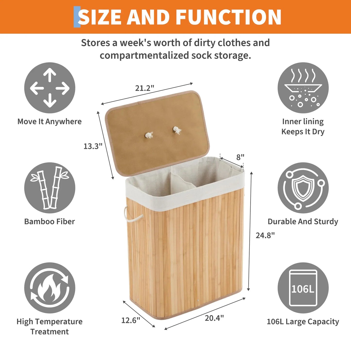 HiMISS Bamboo Laundry Hamper With Removable Liner And Lid