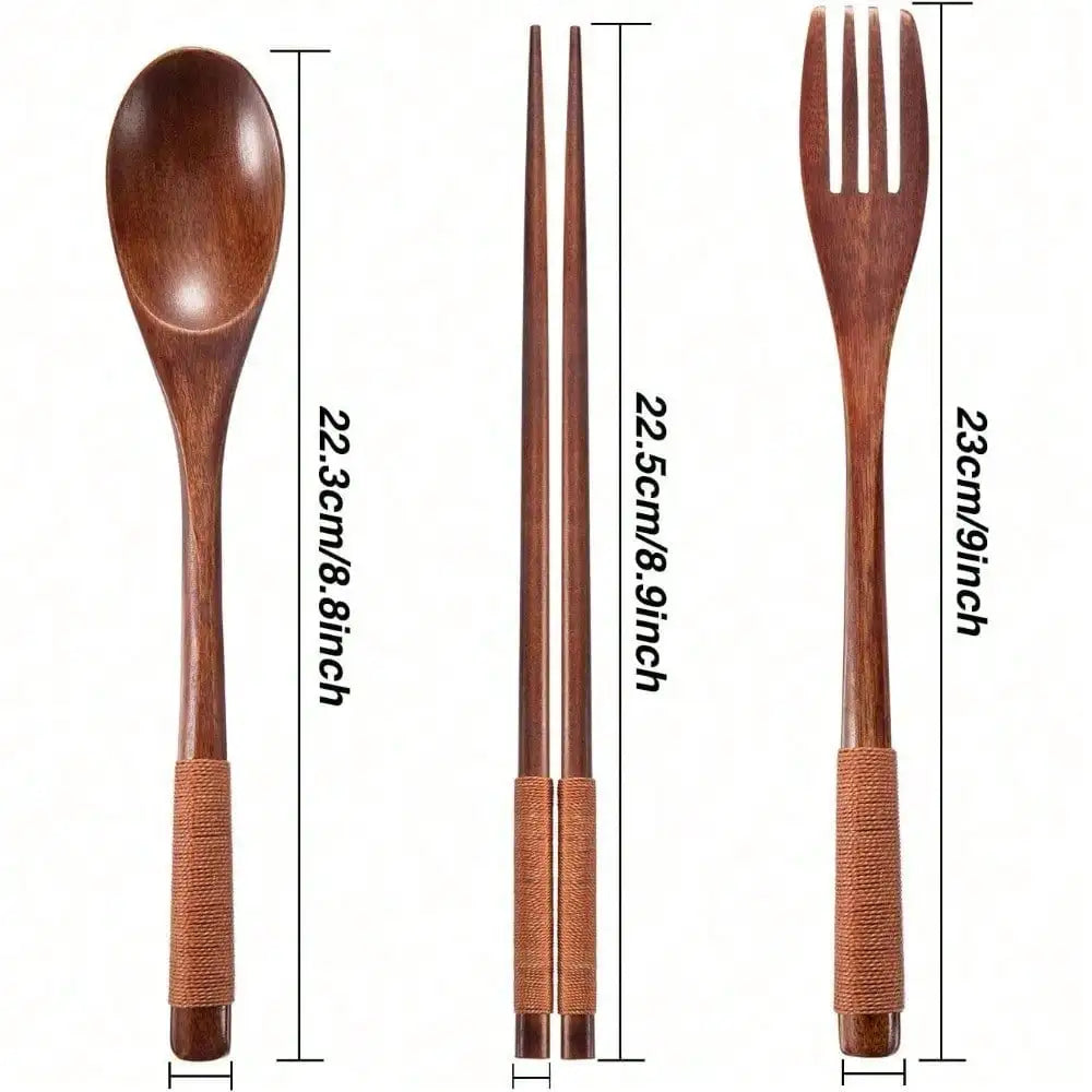 Wooden Flatware Set With Cloth Bag Two Sets Spoon Fork Chopsticks