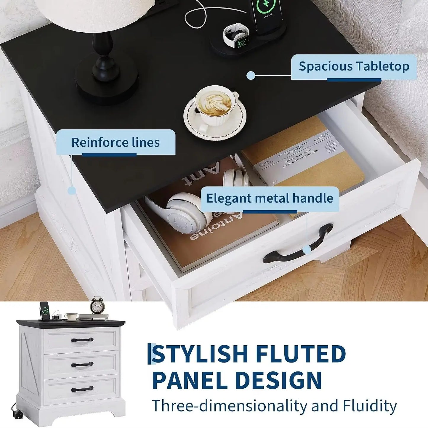 Modern Farmhouse Nightstand With Three Drawers And USB Charging