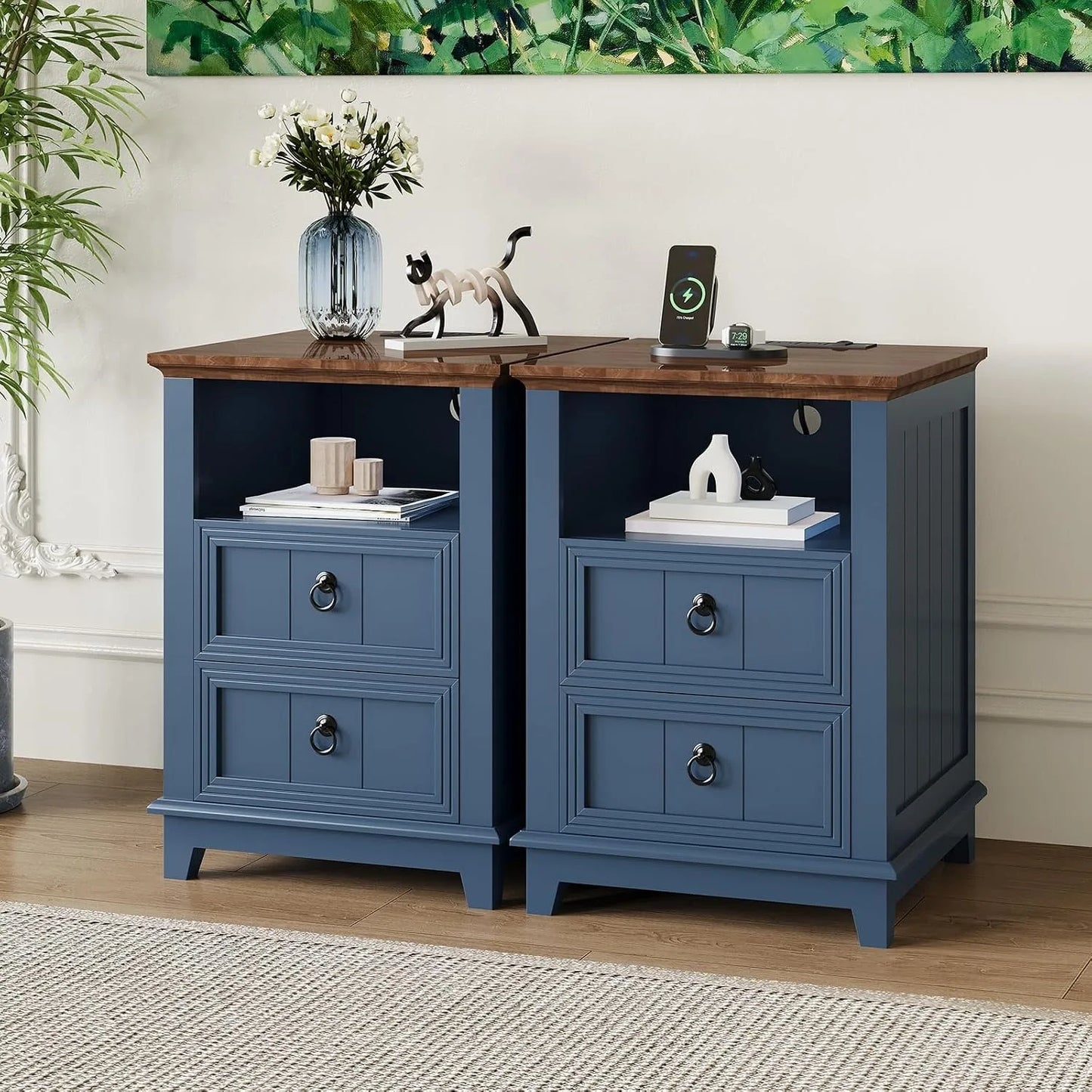 Modern Fluted Wood Nightstand With USB Charging And Storage Shelf