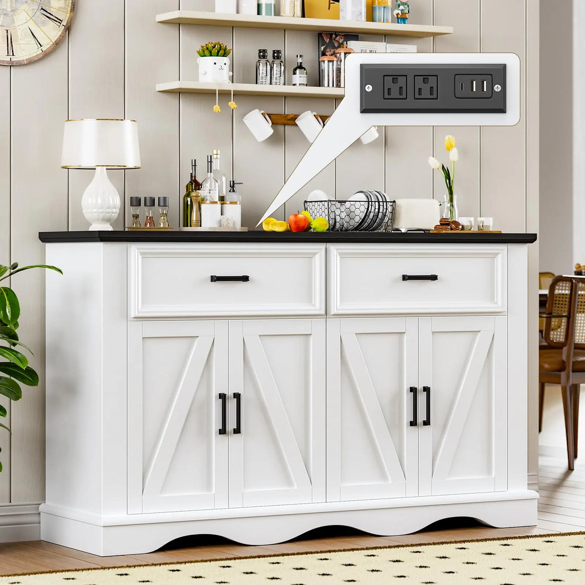 Farmhouse Buffet Cabinet With Charging Station And Adjustable Shelves