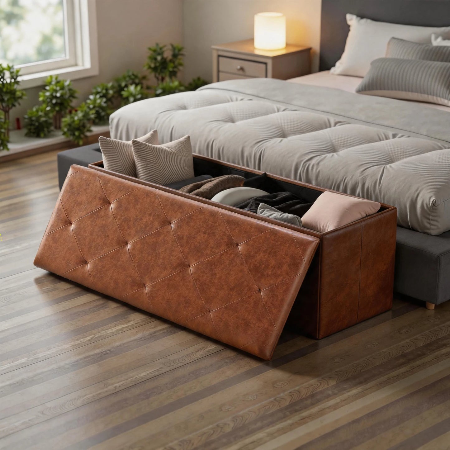 Tufted Faux Leather Storage Bench Ottoman With 400lb Capacity