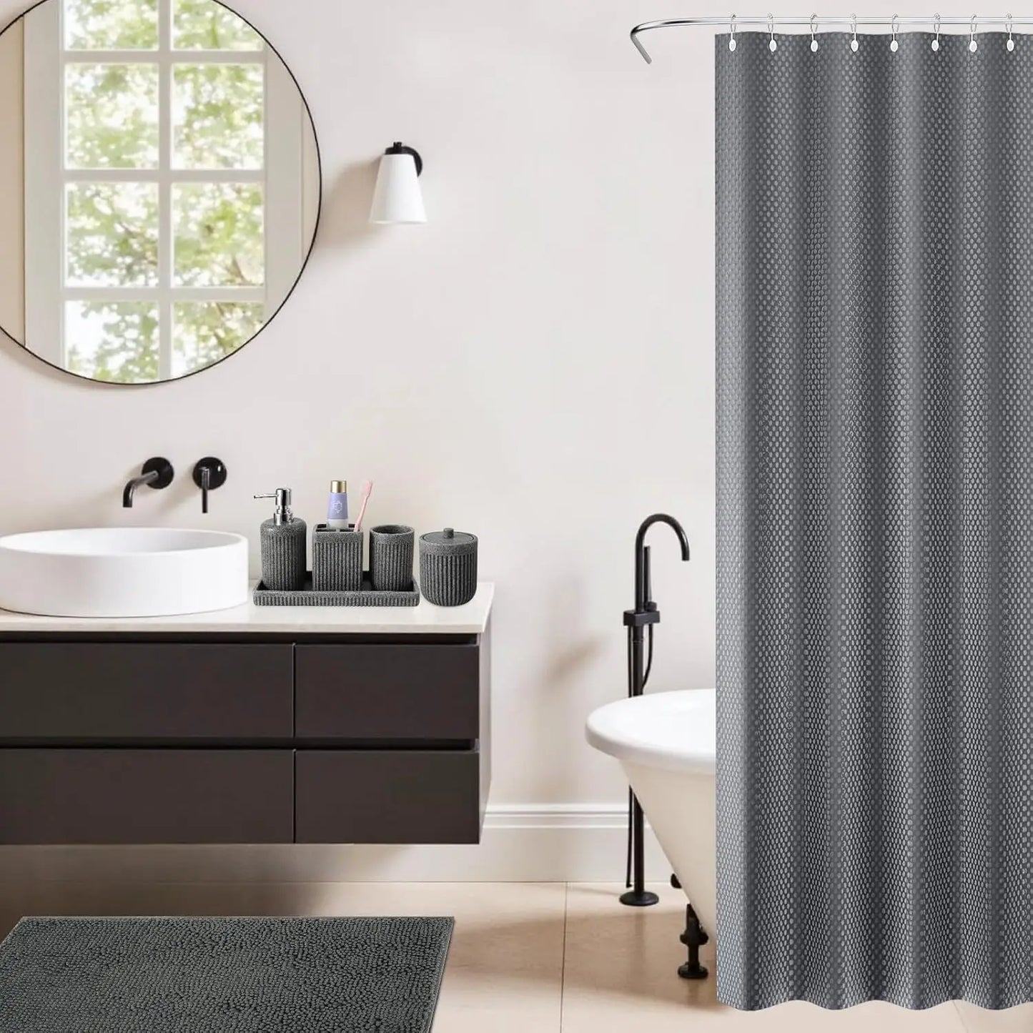 Eight Piece Resin Bathroom Set With Shower Curtain And Accessories