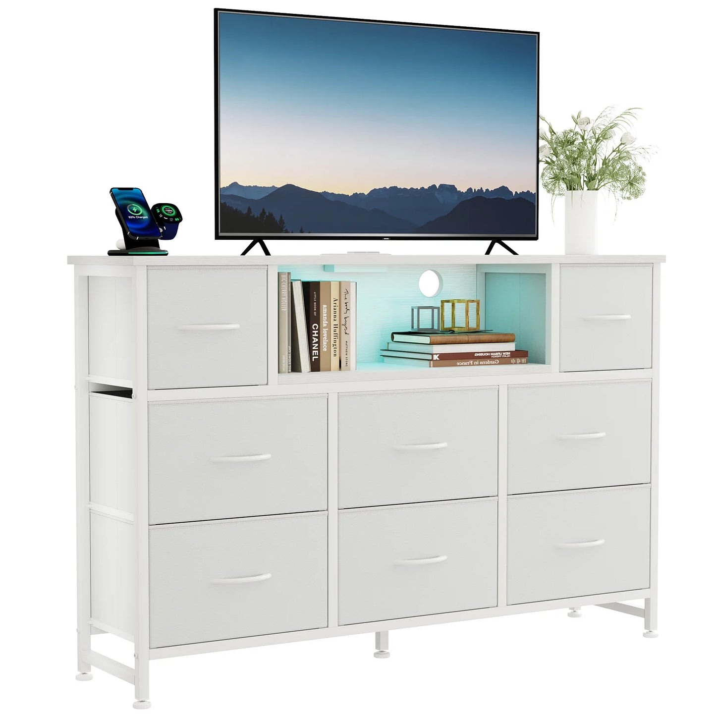 JHK LED TV Stand With Charging Station And Fabric Drawers