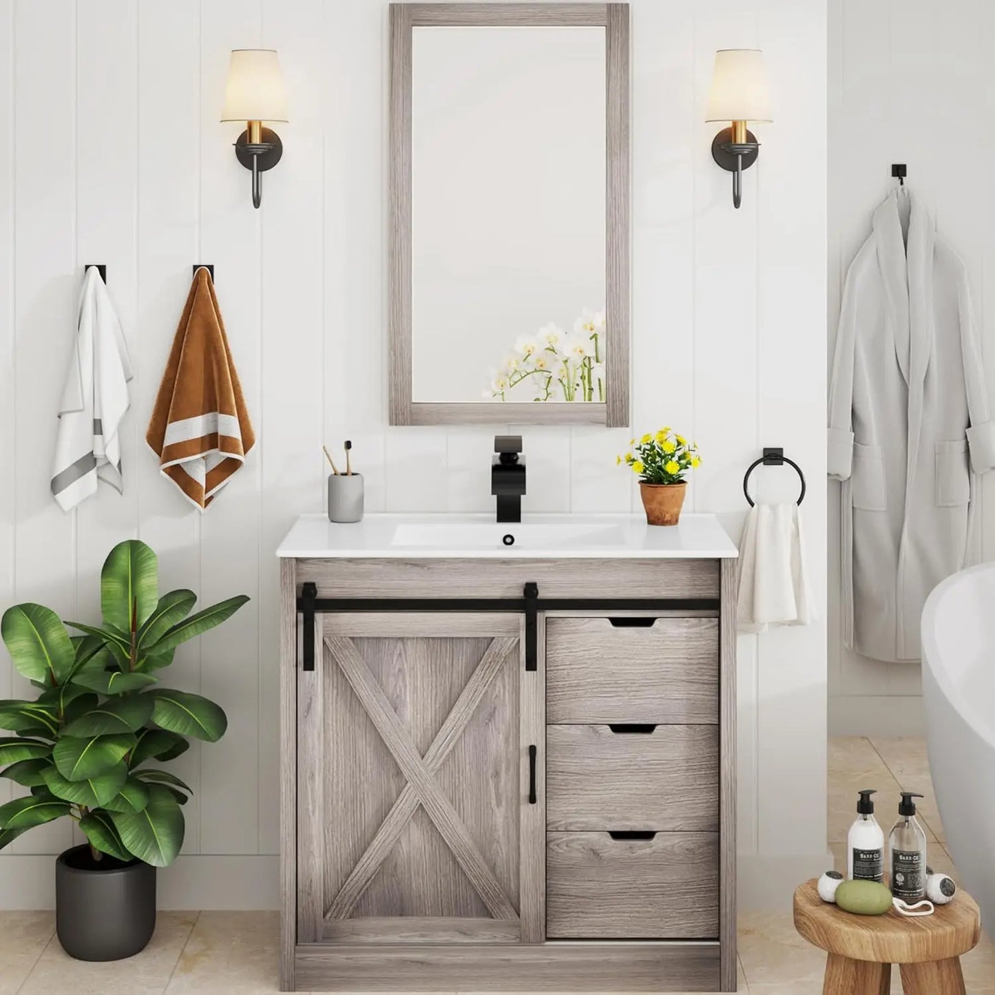 Guangbai Bathroom Vanity With Sink Faucet Mirror Farmhouse Storage Cabinet