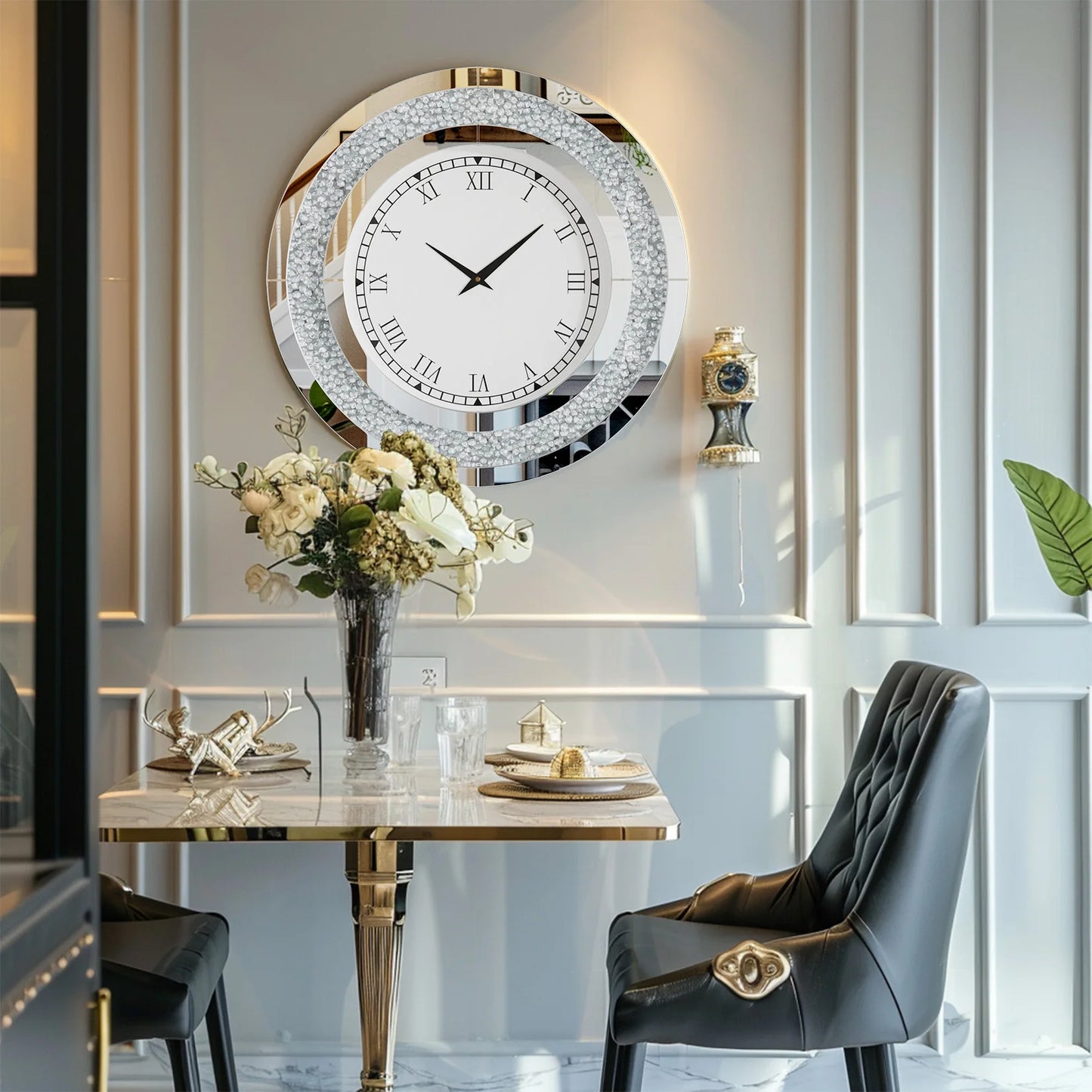 Mirrored Wall Clock With Crystal Sparkle Dial Living Room