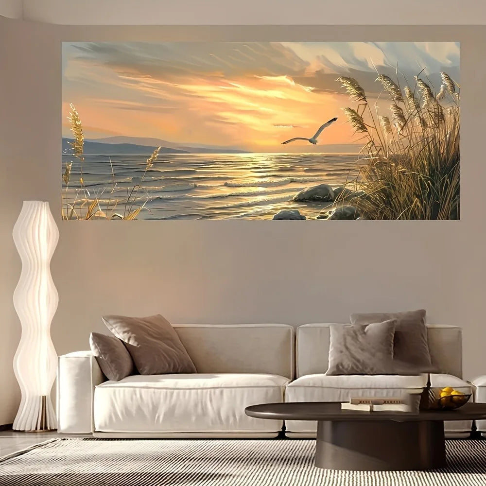 Sunset Beach Art Seascape Canvas Painting On Pine Frame