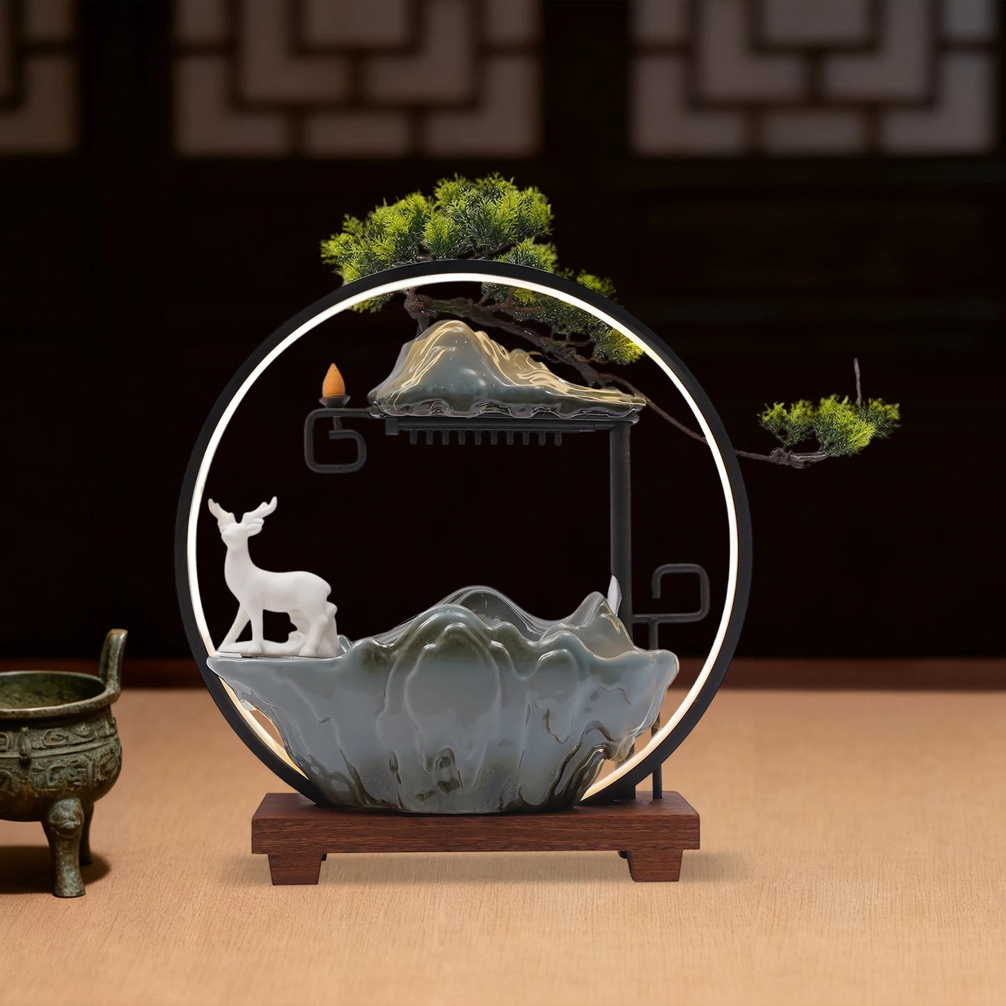 Ceramic Tabletop Fountain With Mist LED Deer Figurine And Pine Branches