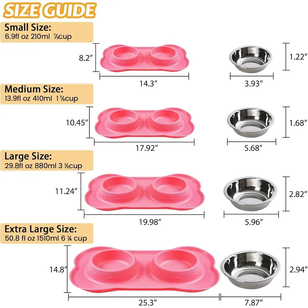 Stainless Steel Dog Bowls Set With No Spill Silicone Mat