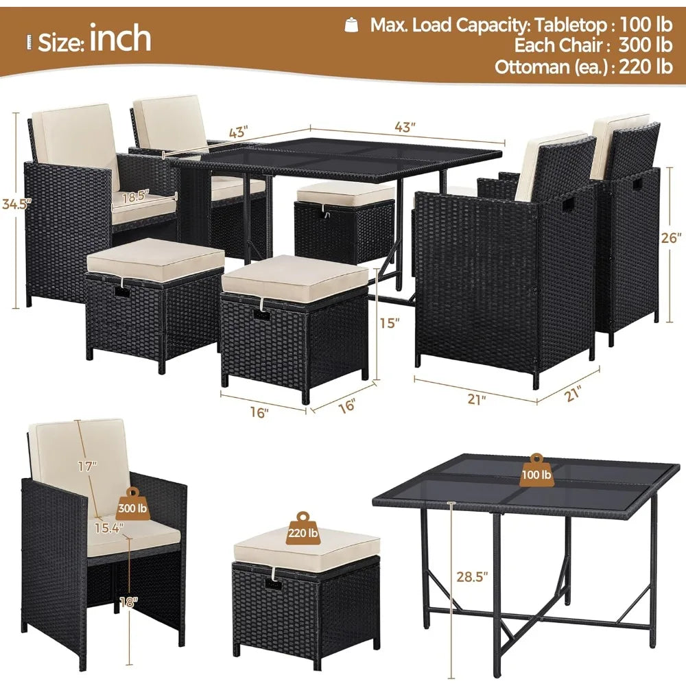 9 Piece Patio Dining Set Outdoor Rattan Chairs With Glass Table