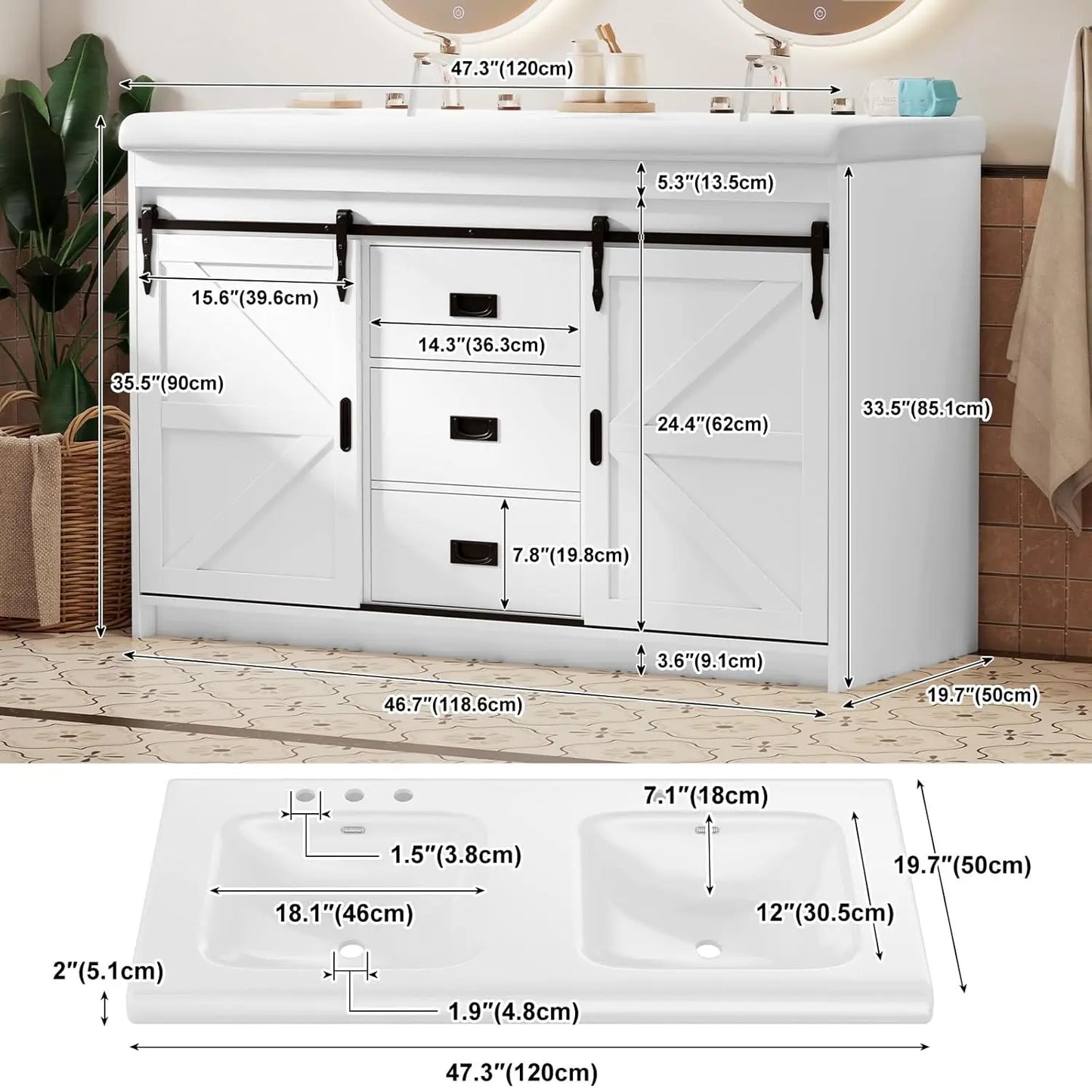 Double Sink Freestanding Bathroom Vanity With Barn Sliding Doors