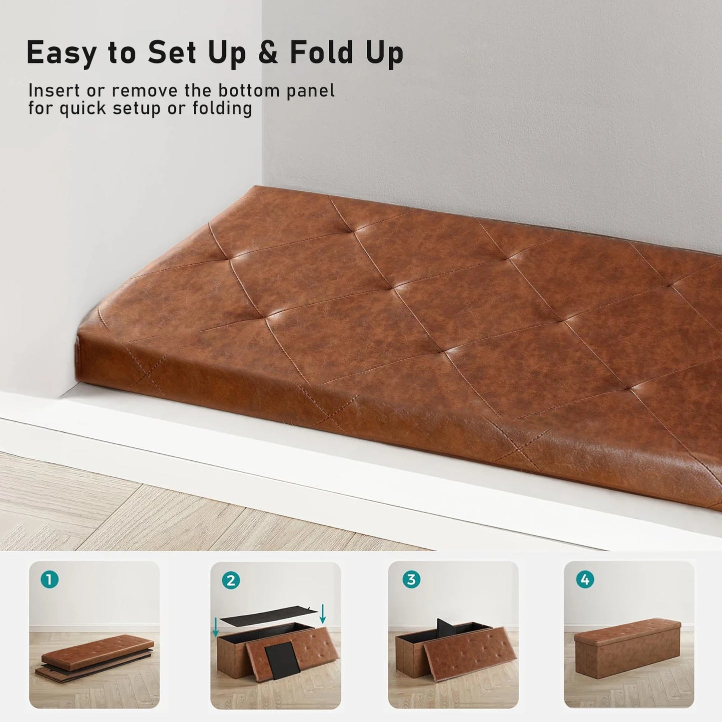 Tufted Faux Leather Storage Bench Ottoman With 400lb Capacity
